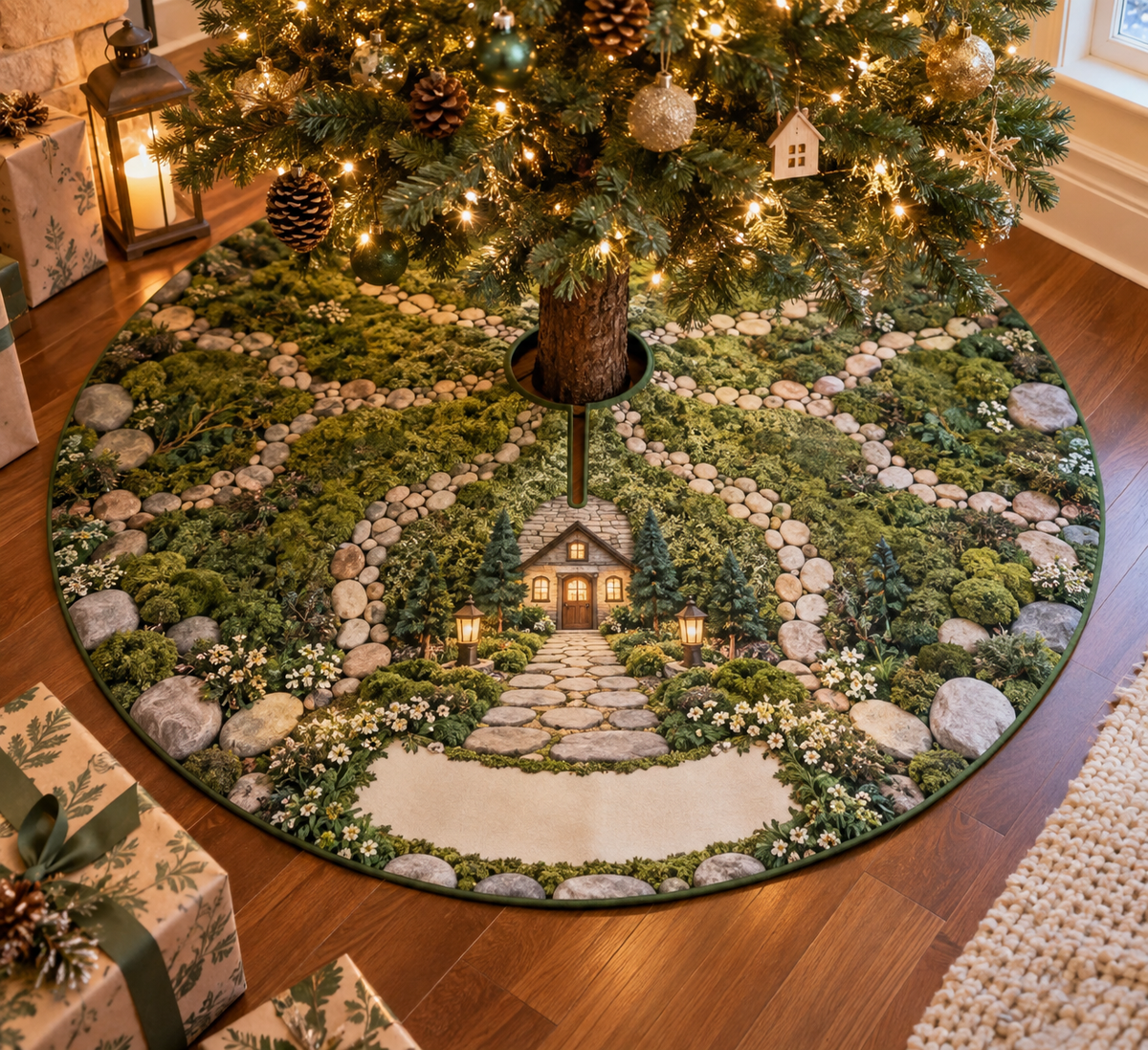 Moss and Stones Housewarming Tree Skirt with flat printed optical 3D green moss, river stones and homeward path; customer family name added after ordering