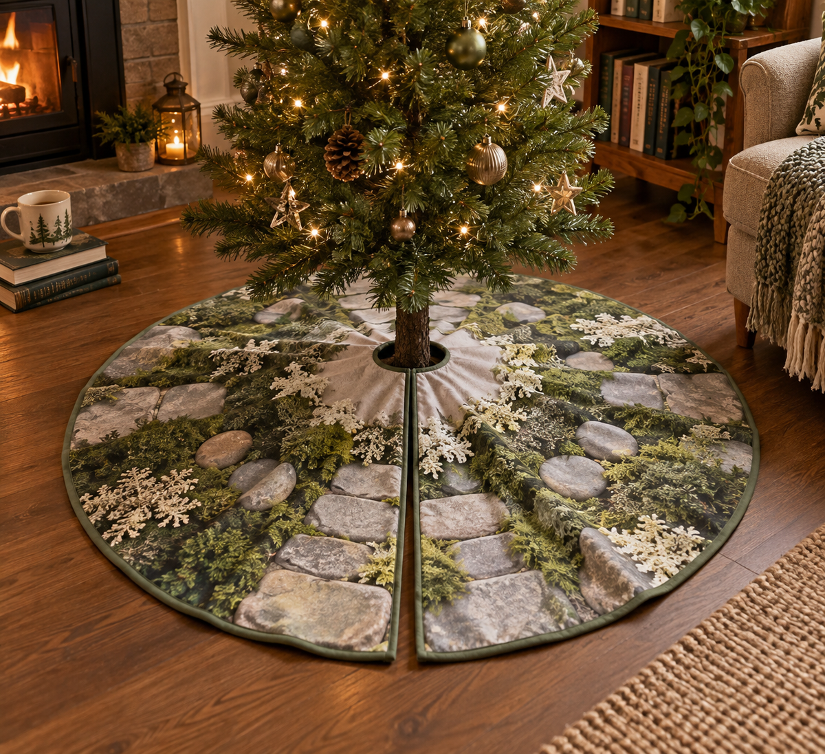 Moss and Stones Quiet Corner Tree Skirt with flat printed optical 3D sage moss, pale pebbles and gentle flagstone path