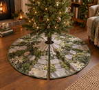 Moss and Stones Quiet Corner Tree Skirt with flat printed optical 3D sage moss, pale pebbles and gentle flagstone path
