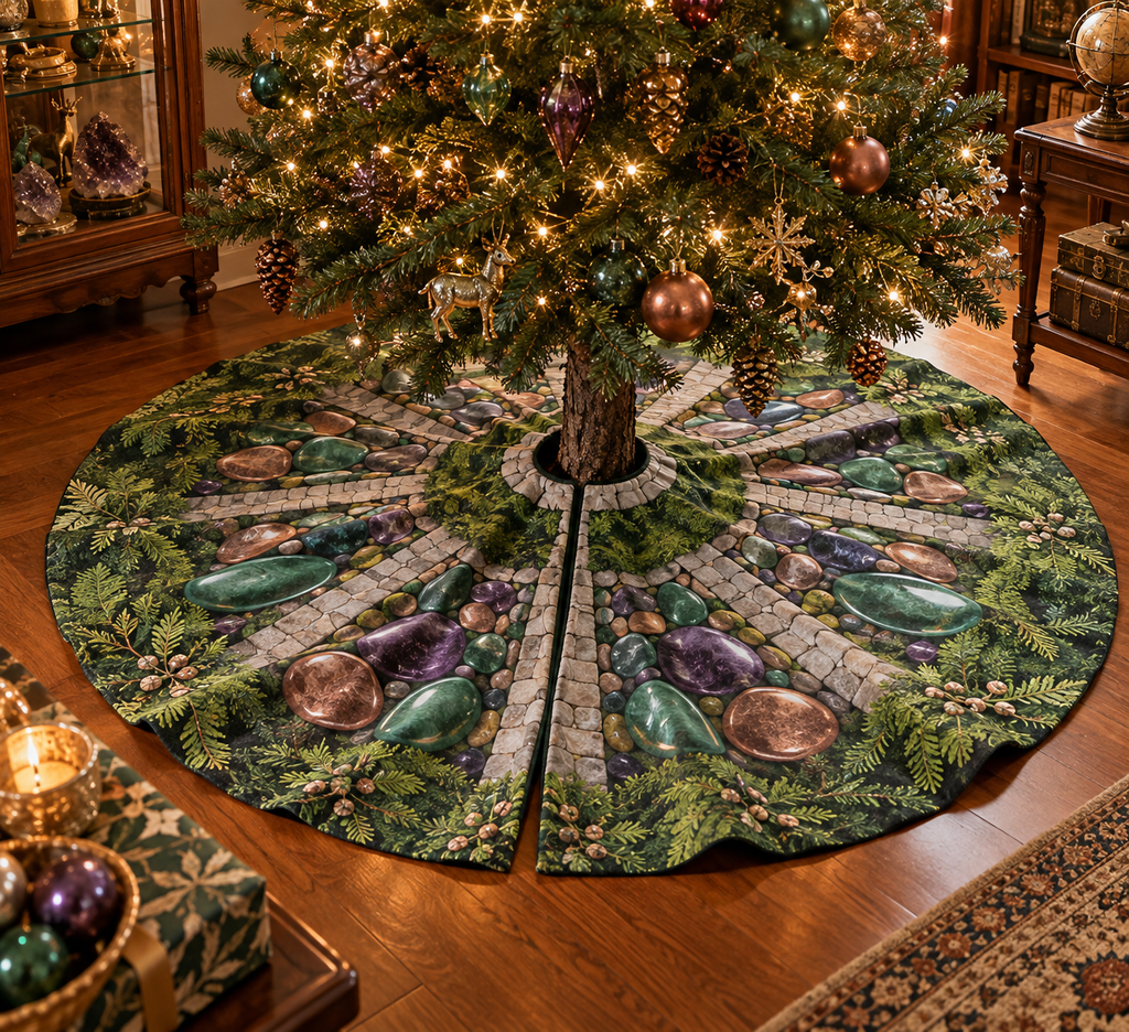 Moss and Stones Collector Tree Skirt with flat printed optical 3D jewel-toned moss, polished stones and gallery path