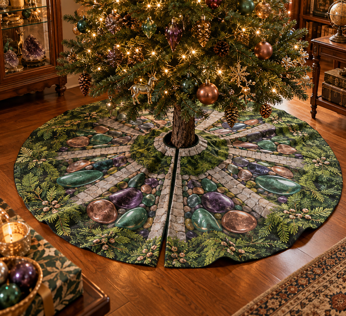 Moss and Stones Collector Tree Skirt with flat printed optical 3D jewel-toned moss, polished stones and gallery path