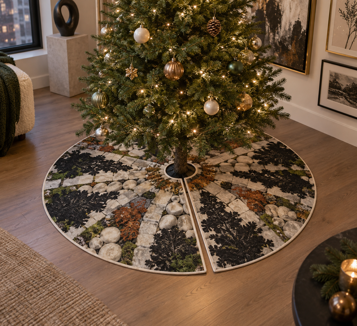 Moss and Stones Gallery Tree Skirt with flat printed optical 3D charcoal moss, pale stones and courtyard path