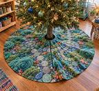 Moss and Stones Studio Tree Skirt with flat printed optical 3D teal moss, cobalt stones and mosaic path