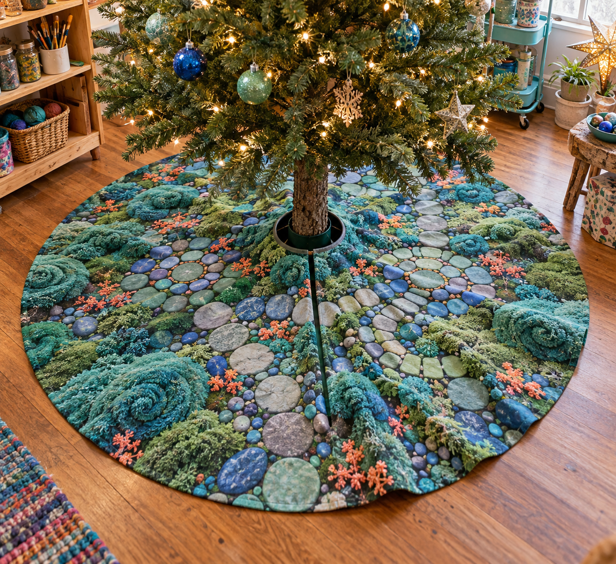 Moss and Stones Studio Tree Skirt with flat printed optical 3D teal moss, cobalt stones and mosaic path