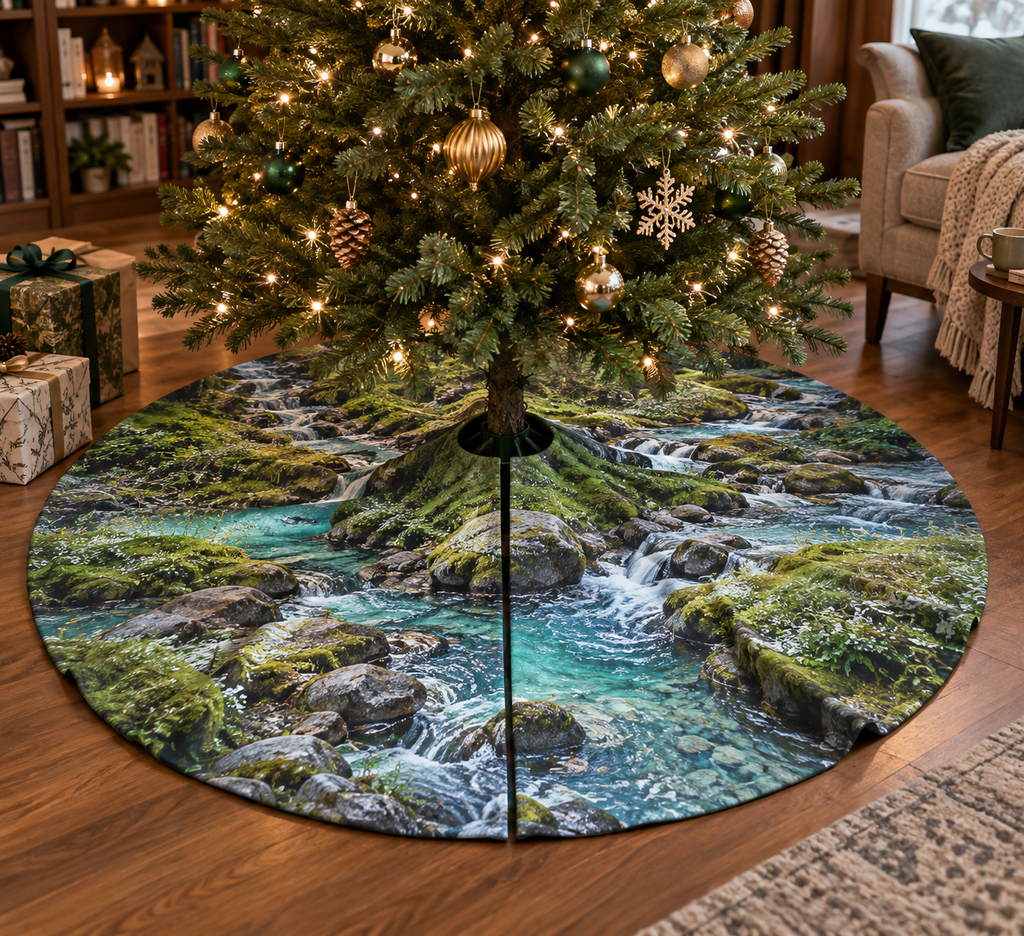 Forest Stream Nook Tree Skirt with flat printed optical 3D turquoise forest stream, mossy stones and fern shadows