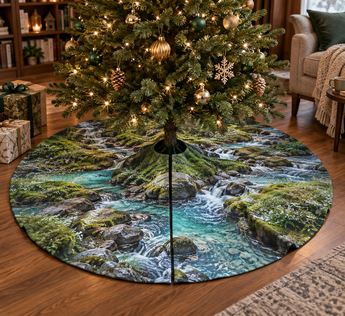 Forest Stream Nook Tree Skirt with flat printed optical 3D turquoise forest stream, mossy stones and fern shadows