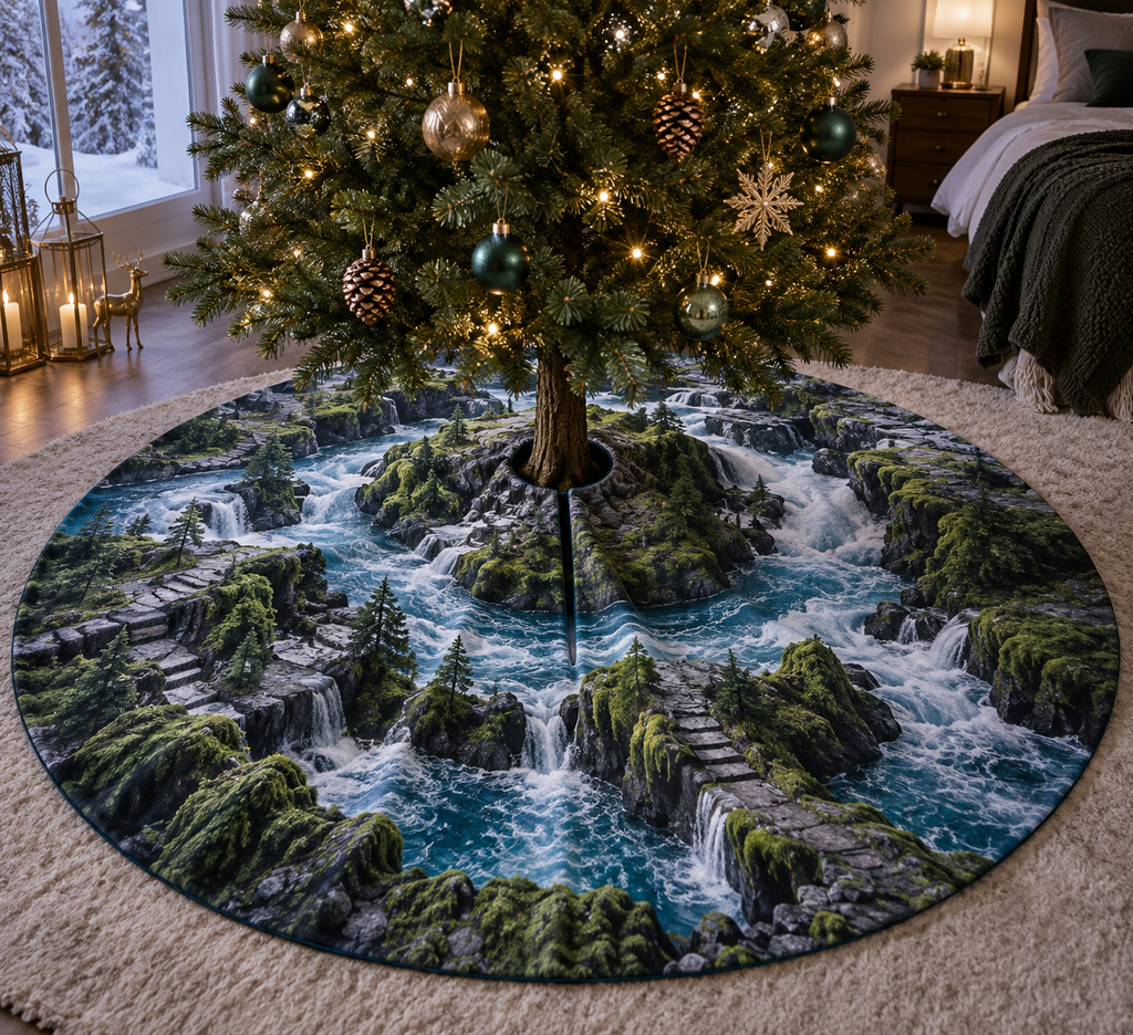 Forest Stream Bedroom Tree Skirt with flat printed optical 3D cobalt forest stream, emerald rocks and plunging creekbed