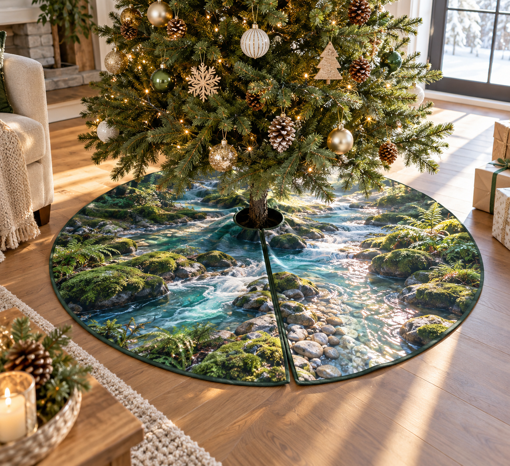 Forest Stream Living Room Tree Skirt with flat printed optical 3D azure forest stream, emerald banks and riverbed