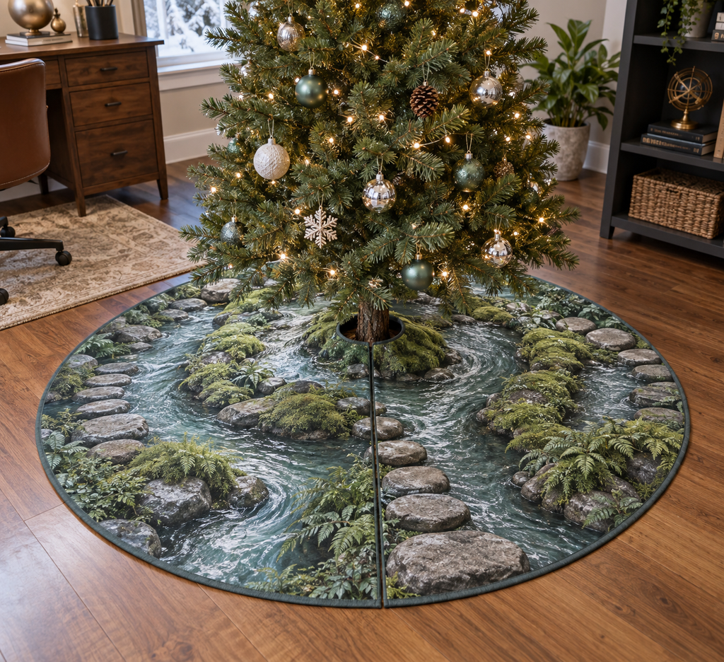 Forest Stream Office Tree Skirt with flat printed optical 3D teal forest stream, slate stones and sage banks