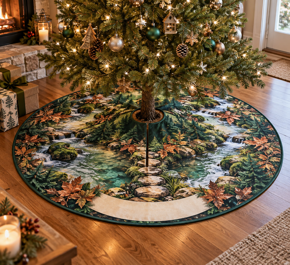Forest Stream Housewarming Tree Skirt with flat printed optical 3D jade creek, warm stones and homeward path; customer family name added after ordering