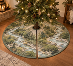 Forest Stream Quiet Corner Tree Skirt with flat printed optical 3D pale aqua stream, sage banks and cream pebbles