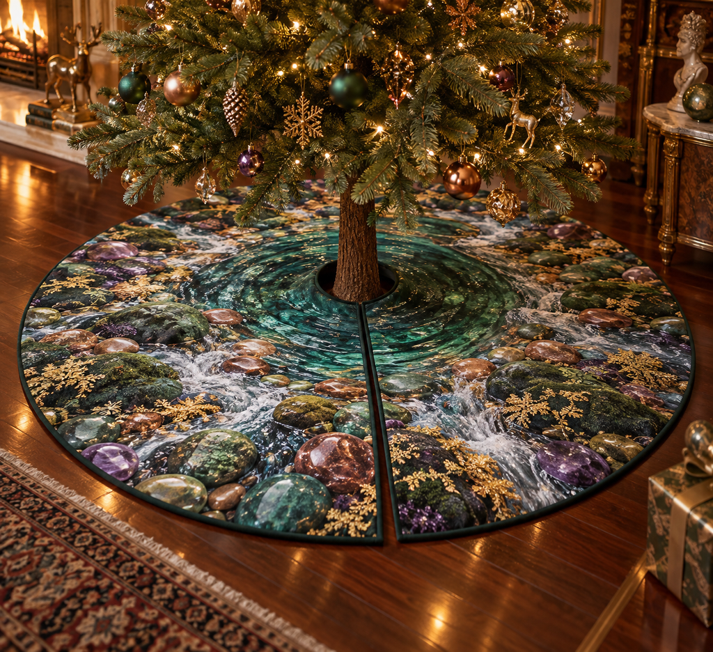 Forest Stream Collector Tree Skirt with flat printed optical 3D emerald creek, polished stones and gold lichen