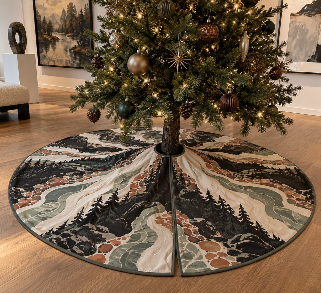 Forest Stream Gallery Tree Skirt with flat printed optical 3D charcoal creek banks, ivory water and terracotta stones