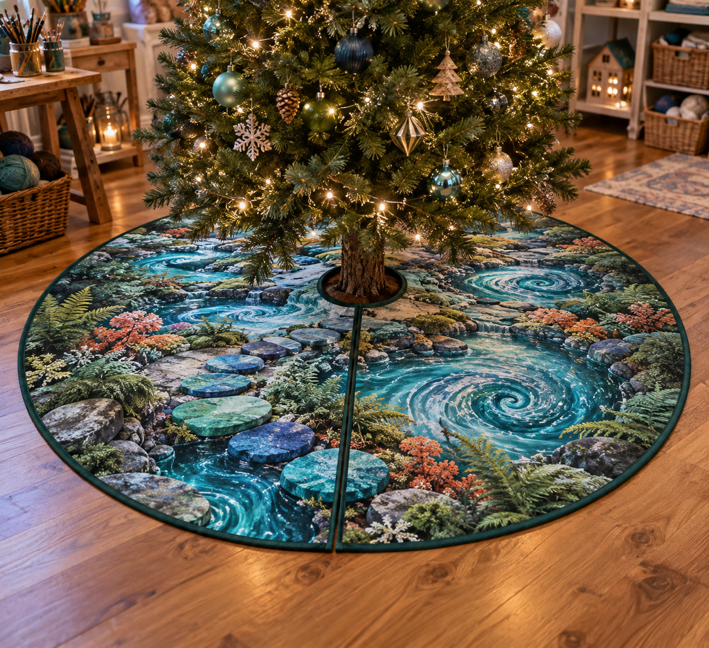 Forest Stream Studio Tree Skirt with flat printed optical 3D turquoise stream, cobalt stones and mosaic creek
