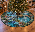 Forest Stream Studio Tree Skirt with flat printed optical 3D turquoise stream, cobalt stones and mosaic creek