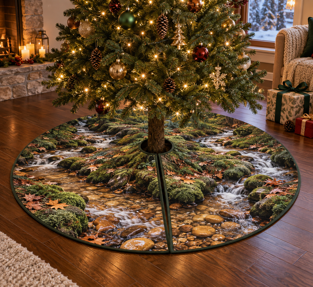 Forest Stream Host Gift Tree Skirt with flat printed optical 3D jade stream, honey stones and homeward creek