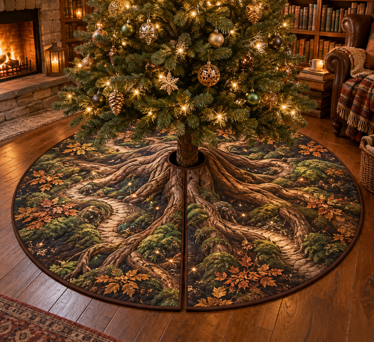 Enchanted Roots Reading Nook Tree Skirt with flat printed optical 3D oak roots, mossy hollows and bronze leaves