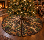 Enchanted Roots Reading Nook Tree Skirt with flat printed optical 3D oak roots, mossy hollows and bronze leaves
