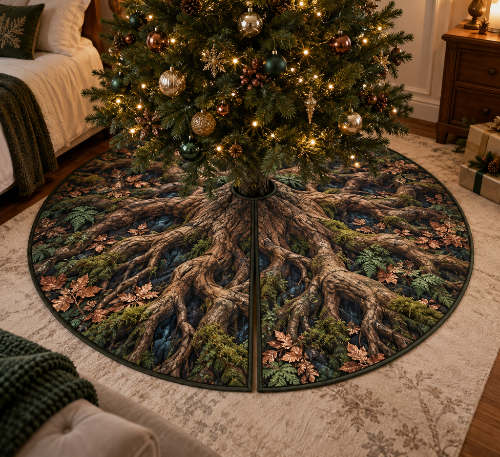 Enchanted Roots Bedroom Tree Skirt with flat printed optical 3D ancient roots, emerald moss and copper leaves