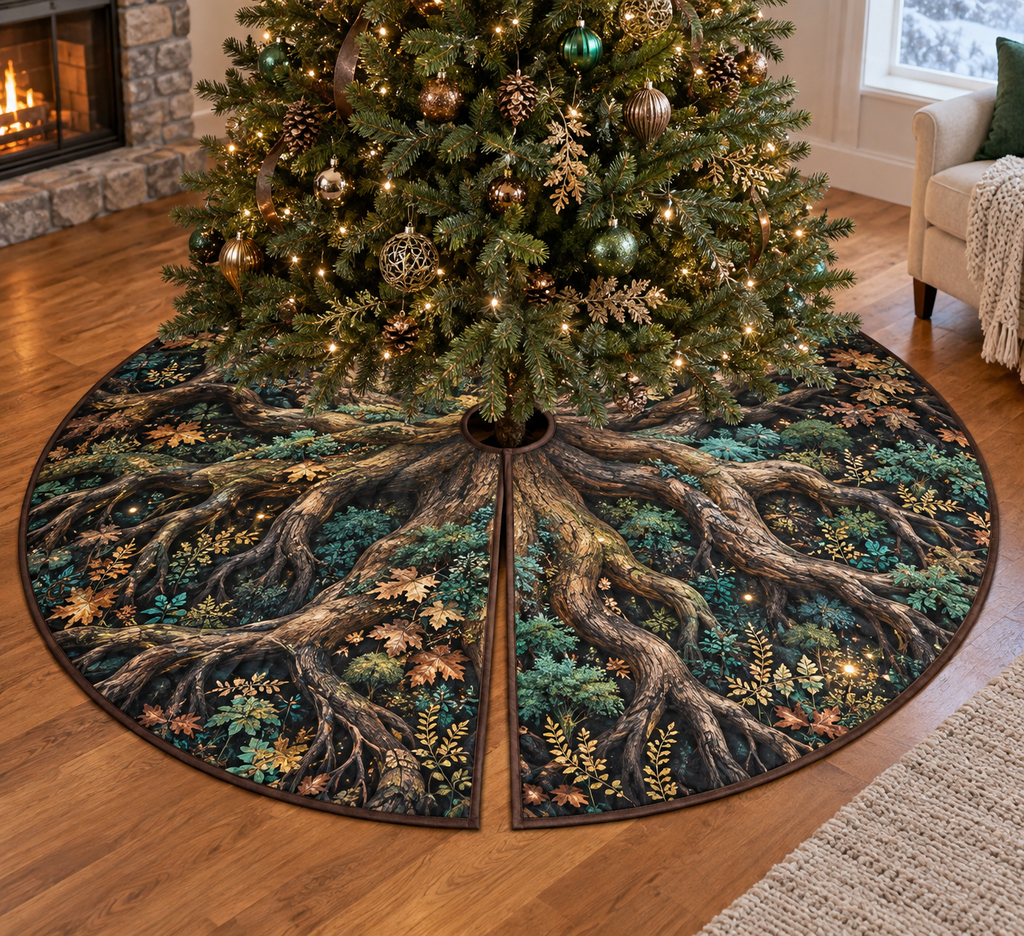 Enchanted Roots Living Room Tree Skirt with flat printed optical 3D oak roots, turquoise moss and copper foliage