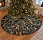 Enchanted Roots Living Room Tree Skirt with flat printed optical 3D oak roots, turquoise moss and copper foliage