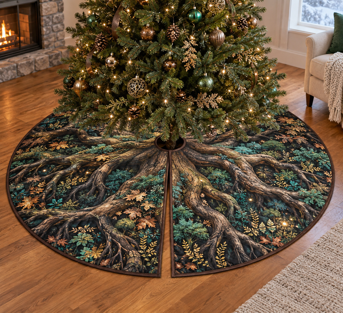 Enchanted Roots Living Room Tree Skirt with flat printed optical 3D oak roots, turquoise moss and copper foliage