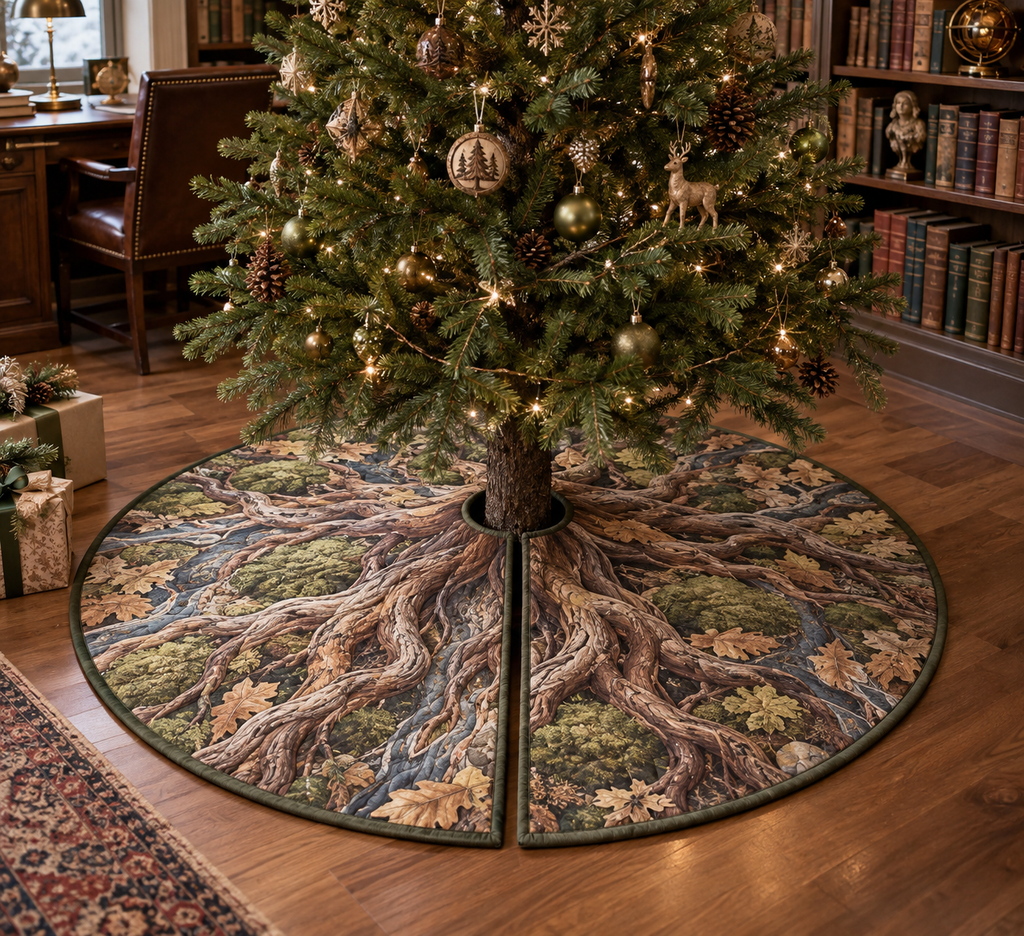 Enchanted Roots Home Office Tree Skirt with flat printed optical 3D tree roots, sage moss and copper leaves