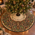 Enchanted Roots Housewarming Tree Skirt with flat printed optical 3D oak roots and mossy hollow; sample family name shown on item