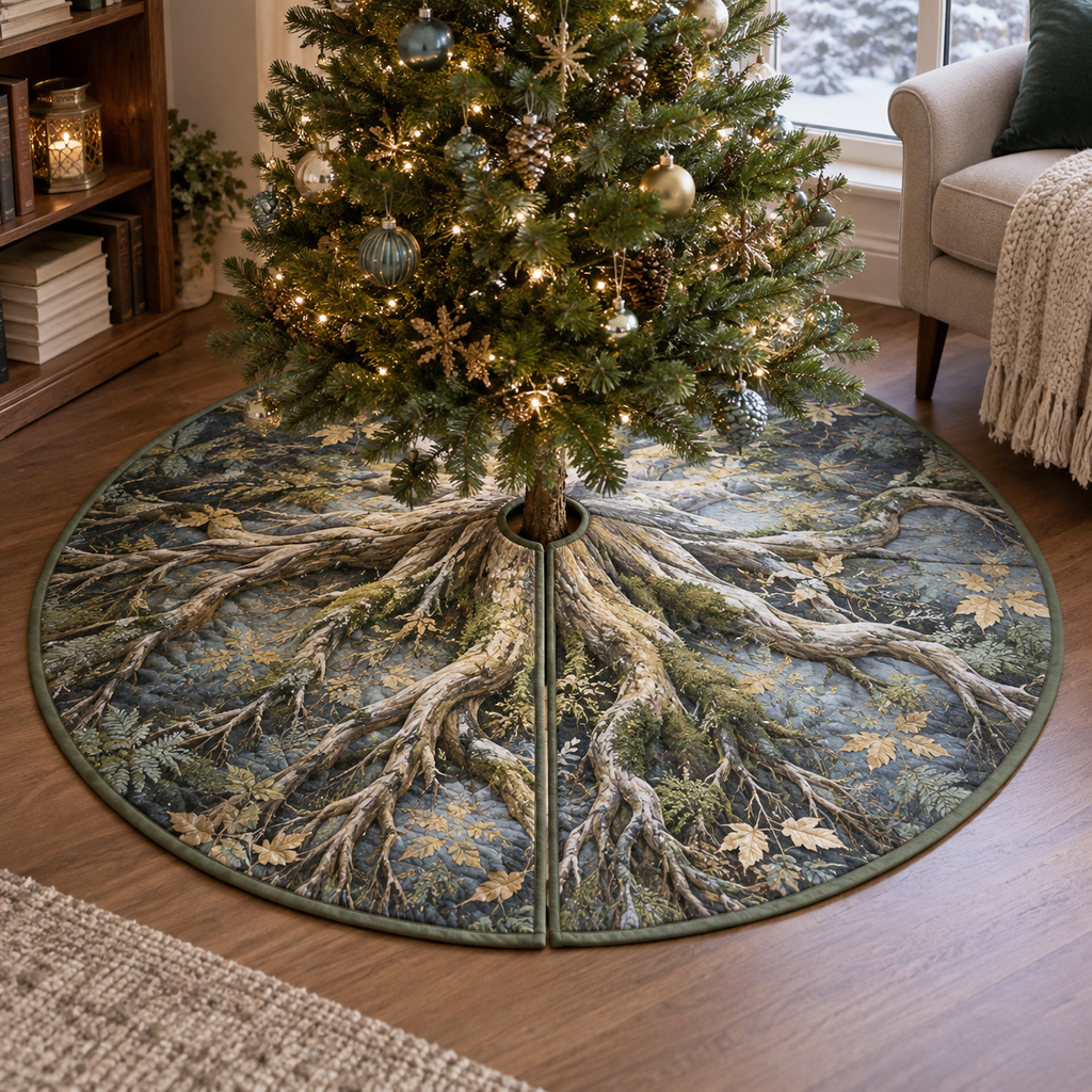 Enchanted Roots Quiet Corner Tree Skirt with flat printed optical 3D graceful roots, sage moss and gold leaves