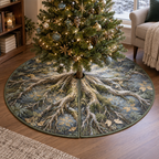 Enchanted Roots Quiet Corner Tree Skirt with flat printed optical 3D graceful roots, sage moss and gold leaves