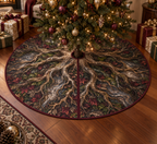 Enchanted Roots Collector Gift Tree Skirt with flat printed optical 3D antique roots, jewel-toned moss and burgundy leaves