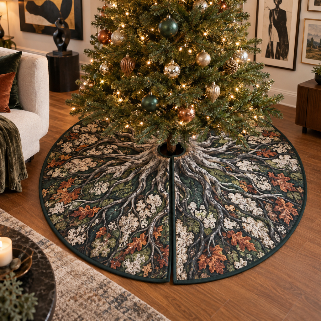 Enchanted Roots Gallery Wall Tree Skirt with flat printed optical 3D charcoal roots, teal moss and terracotta leaves