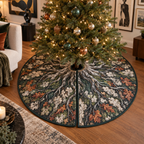 Enchanted Roots Gallery Wall Tree Skirt with flat printed optical 3D charcoal roots, teal moss and terracotta leaves