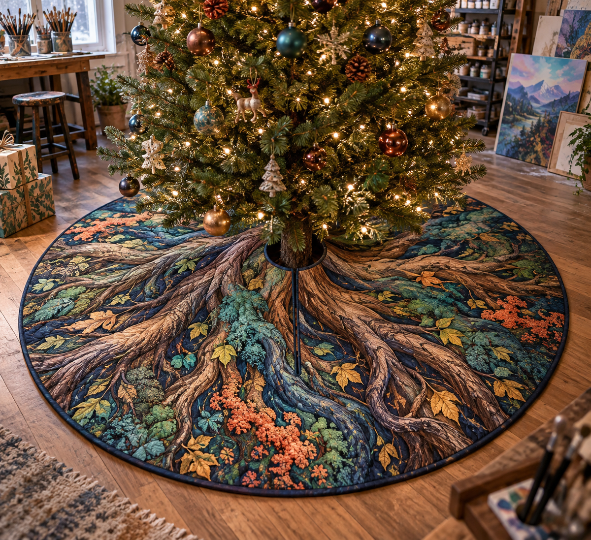 Enchanted Roots Studio Tree Skirt with flat printed optical 3D spiraling oak roots, teal moss and coral lichen