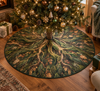 Enchanted Roots Host Gift Tree Skirt with flat printed optical 3D oak roots, moss and honey-gold leaves