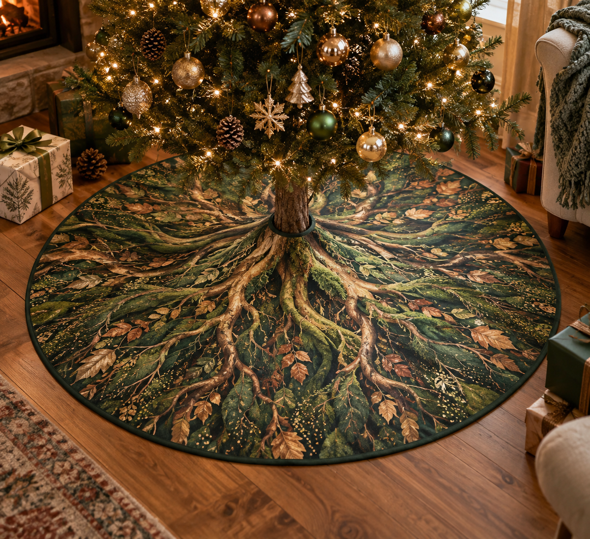 Enchanted Roots Host Gift Tree Skirt with flat printed optical 3D oak roots, moss and honey-gold leaves