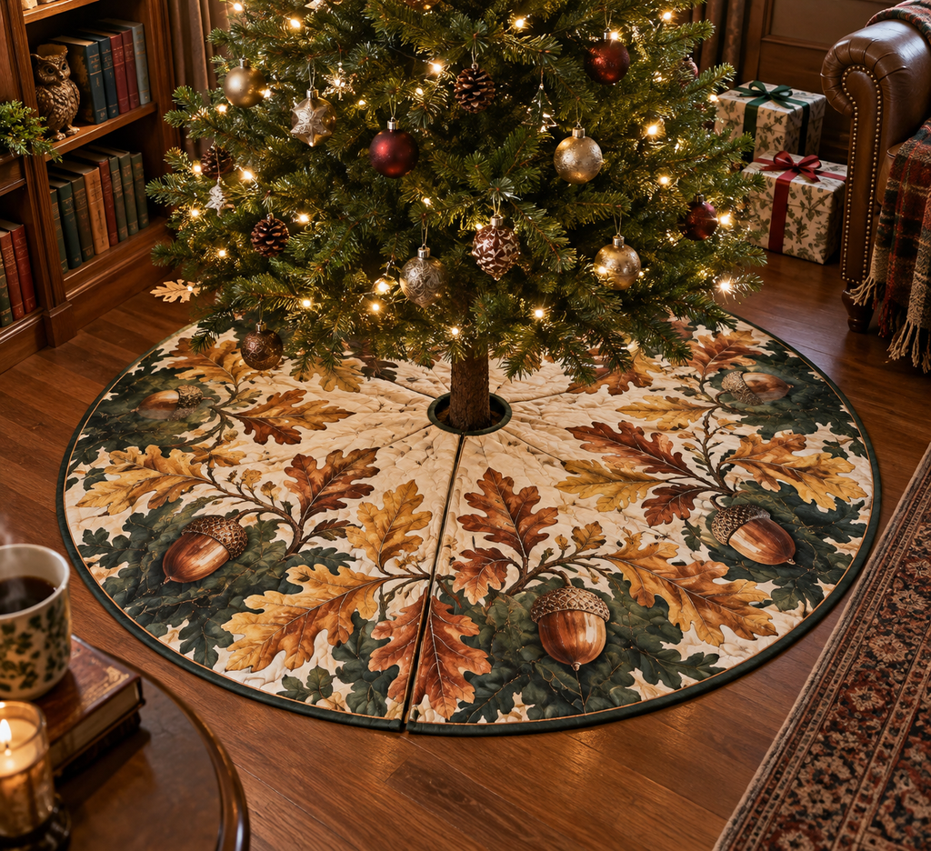 Acorns & Oak Leaves Reading Nook Tree Skirt with flat printed optical 3D acorns and oak leaves