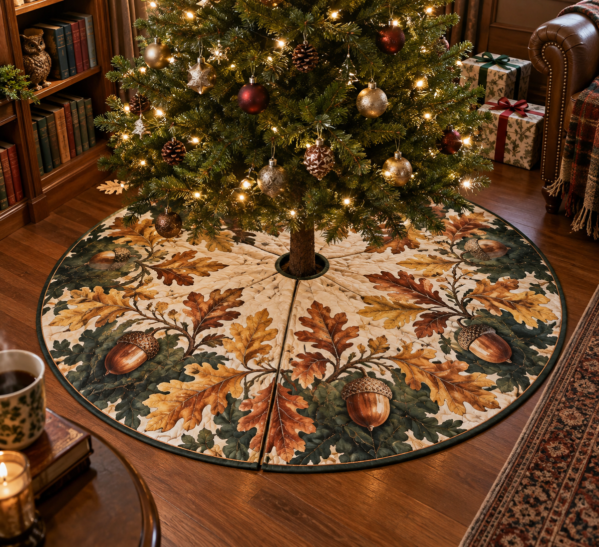 Acorns & Oak Leaves Reading Nook Tree Skirt with flat printed optical 3D acorns and oak leaves