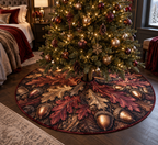 Acorns & Oak Leaves Bedroom Tree Skirt with flat printed optical 3D bronze acorns and burgundy oak leaves