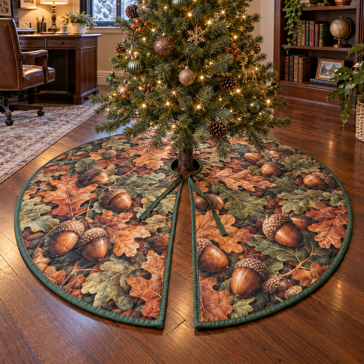 Round quilted Christmas tree skirt with flat printed celestial rings and full home-office background.