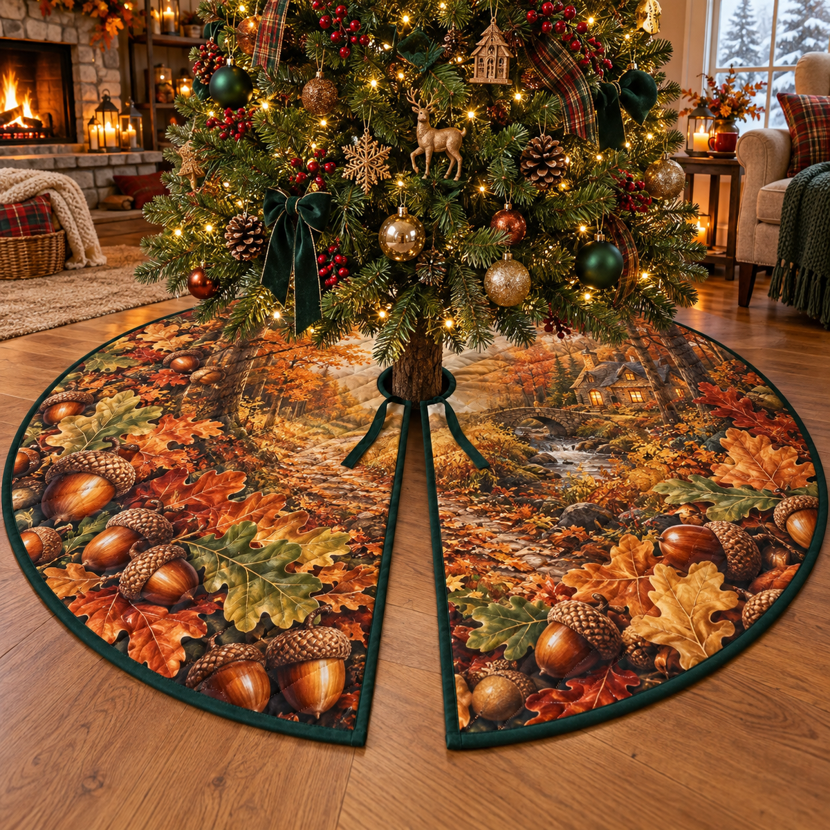Round quilted Christmas tree skirt with flat printed celestial rings and full home-office background.