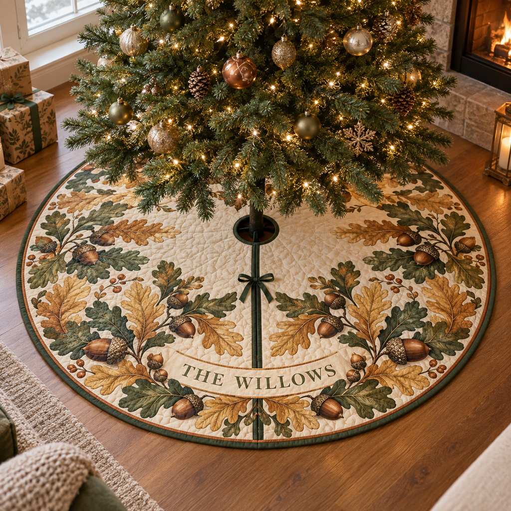 Acorns & Oak Leaves Housewarming Tree Skirt with flat printed optical 3D acorns and oak leaves; sample family name shown on item
