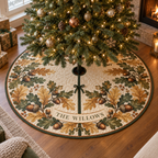 Acorns & Oak Leaves Housewarming Tree Skirt with flat printed optical 3D acorns and oak leaves; sample family name shown on item