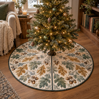 Acorns & Oak Leaves Quiet Corner Tree Skirt with flat printed optical 3D cinnamon acorns, sage oak leaves and soft woodland shadows