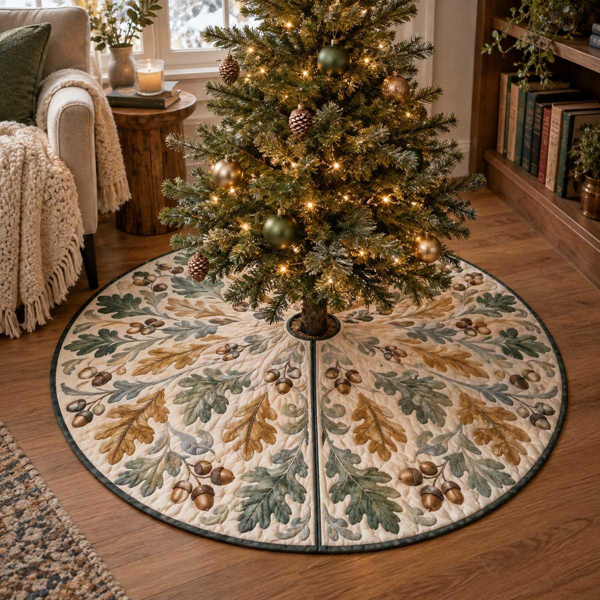 Acorns & Oak Leaves Quiet Corner Tree Skirt with flat printed optical 3D cinnamon acorns, sage oak leaves and soft woodland shadows