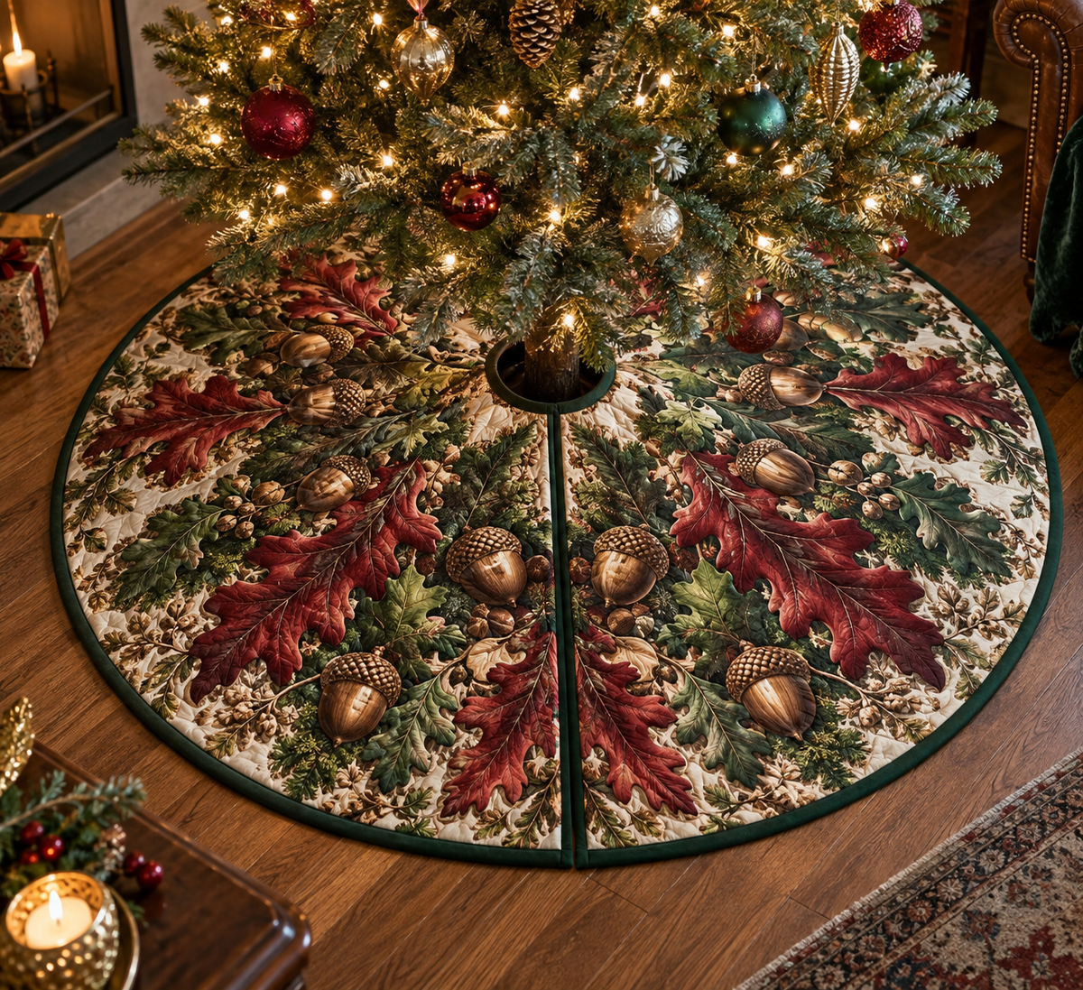 Acorns & Oak Leaves Collector Gift Tree Skirt with flat printed optical 3D mahogany acorns, antique-bronze oak leaves and emerald shadows