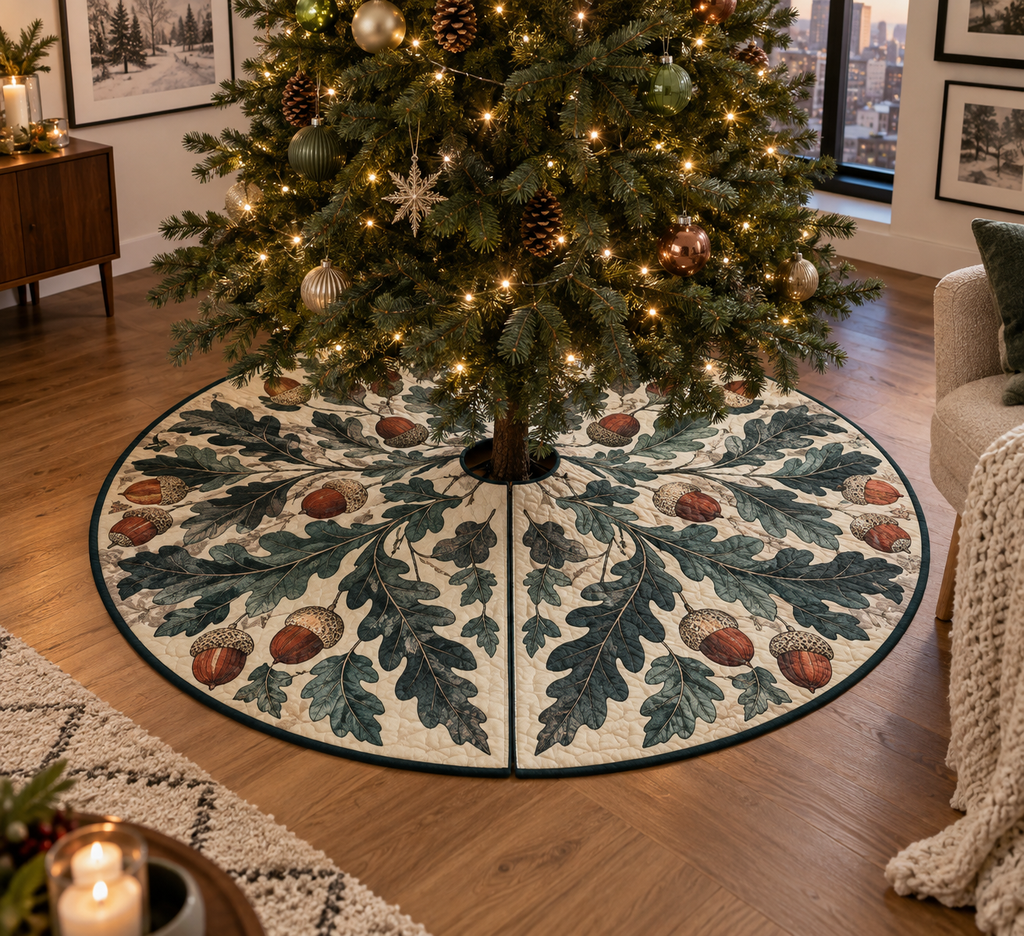 Acorns & Oak Leaves Gallery Wall Tree Skirt with flat printed optical 3D charcoal oak leaves, terracotta acorns and jade shadows