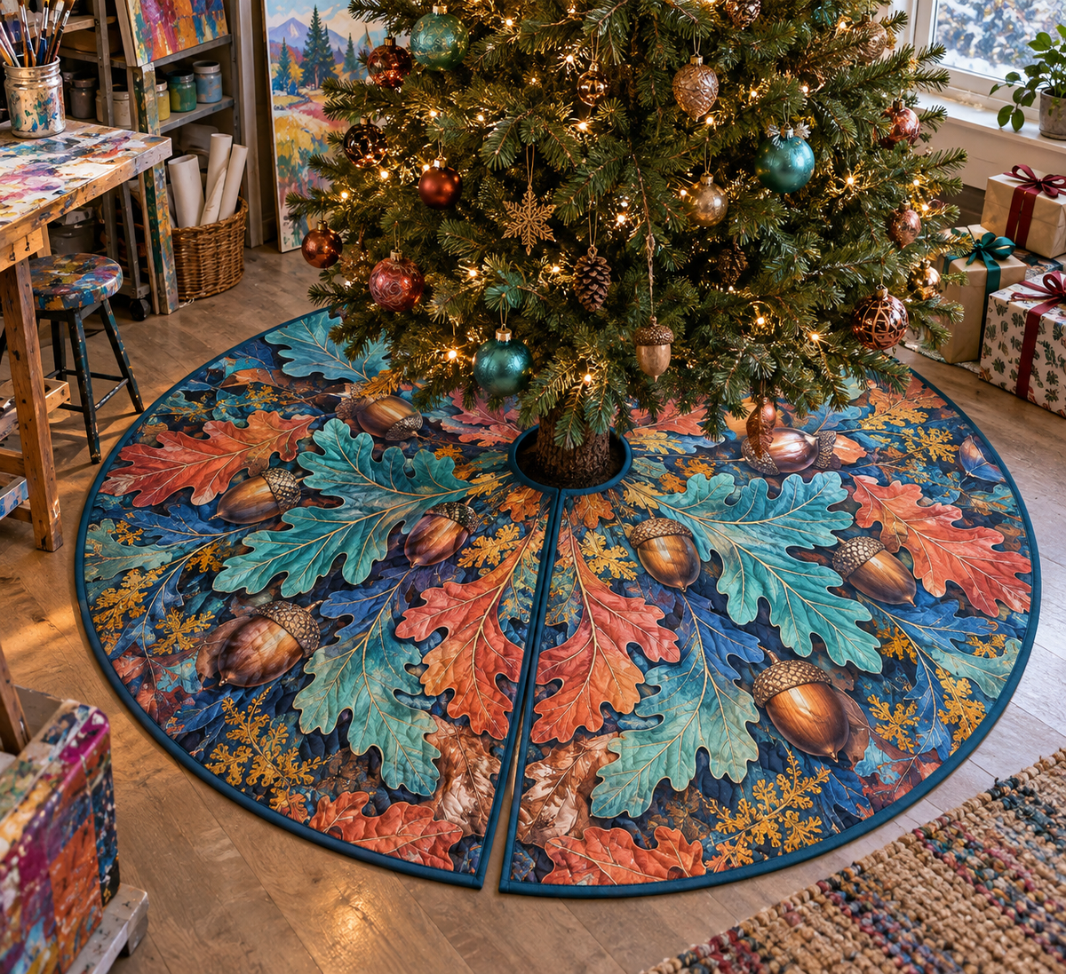 Acorns & Oak Leaves Studio Tree Skirt with flat printed optical 3D turquoise oak leaves, copper acorns and cobalt shadows