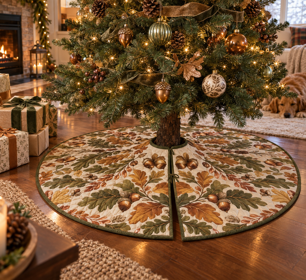 Acorns & Oak Leaves Host Gift Tree Skirt with flat printed optical 3D olive oak leaves, golden acorns and copper highlights