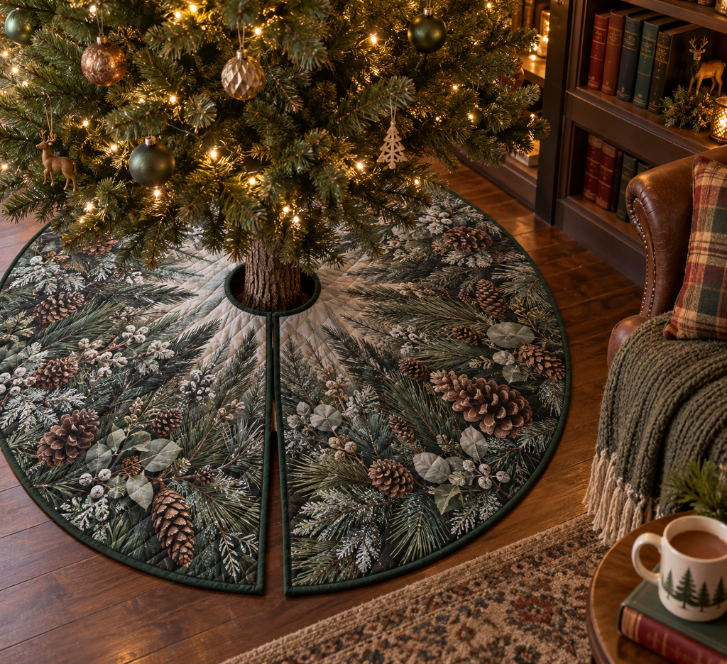 Pinecones & Needles Reading Nook Tree Skirt with flat printed optical 3D pine needles, pinecones and woodland shadows